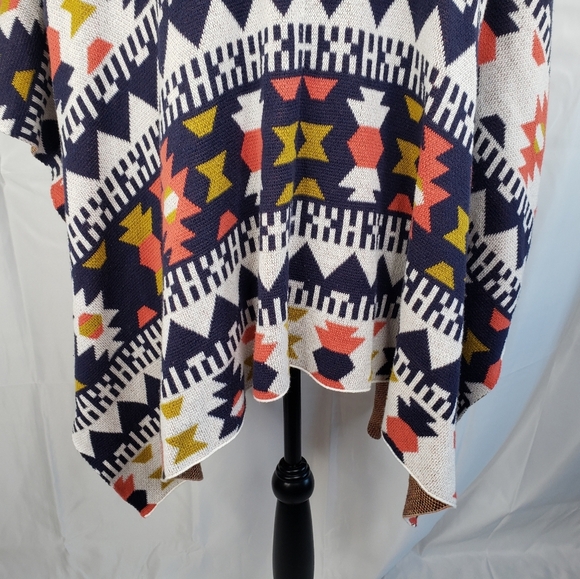 Wild Pearl Aztec Design Open Front Cardigan Lagen Look Blue & Orange Knit Sz M. - Picture 9 of 16